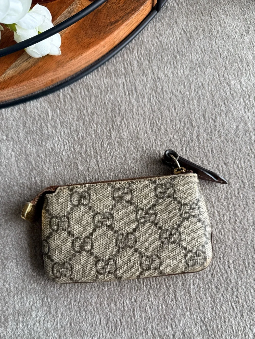 Gucci GG Supreme Monogram Key Pouch in Beige and Brown with Gold Hardware